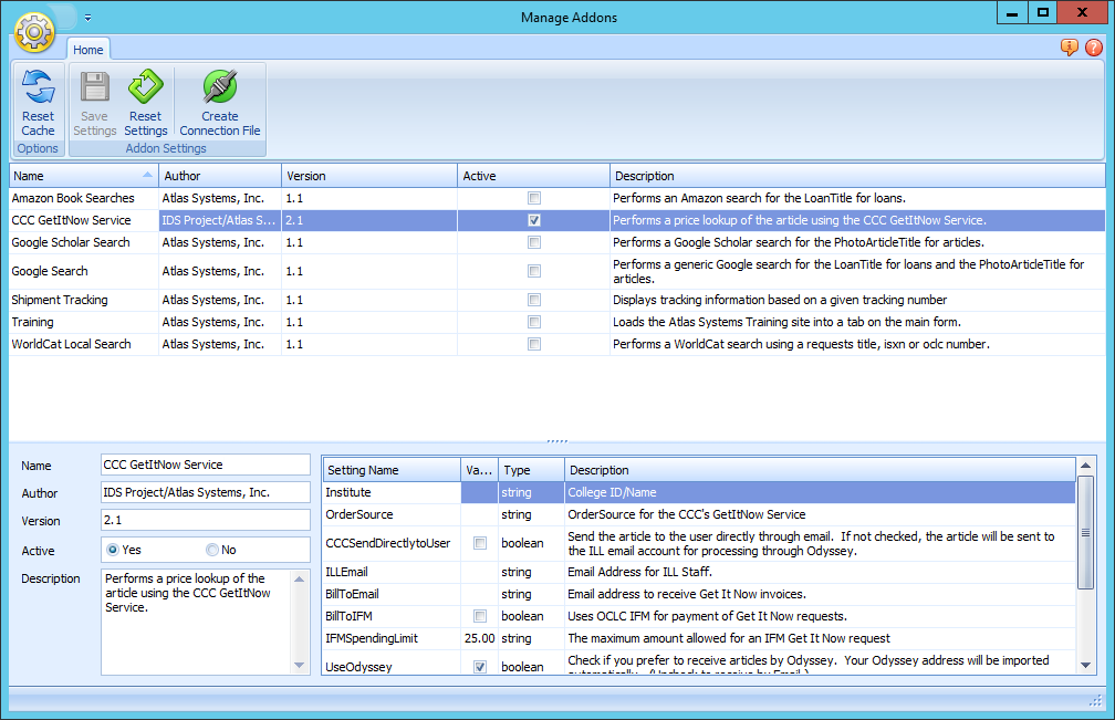 Manage Addons - CCC GetItNow Service settings with IFM configuration