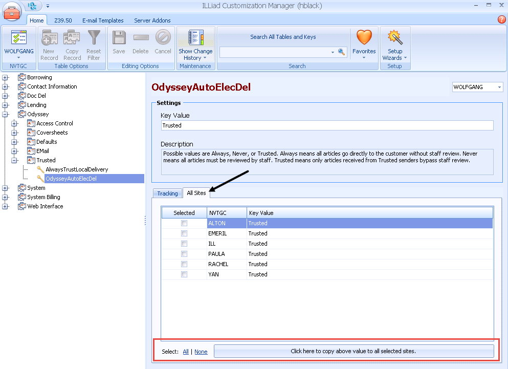 Customization Manager - All Sites tab with copy to selected sites button