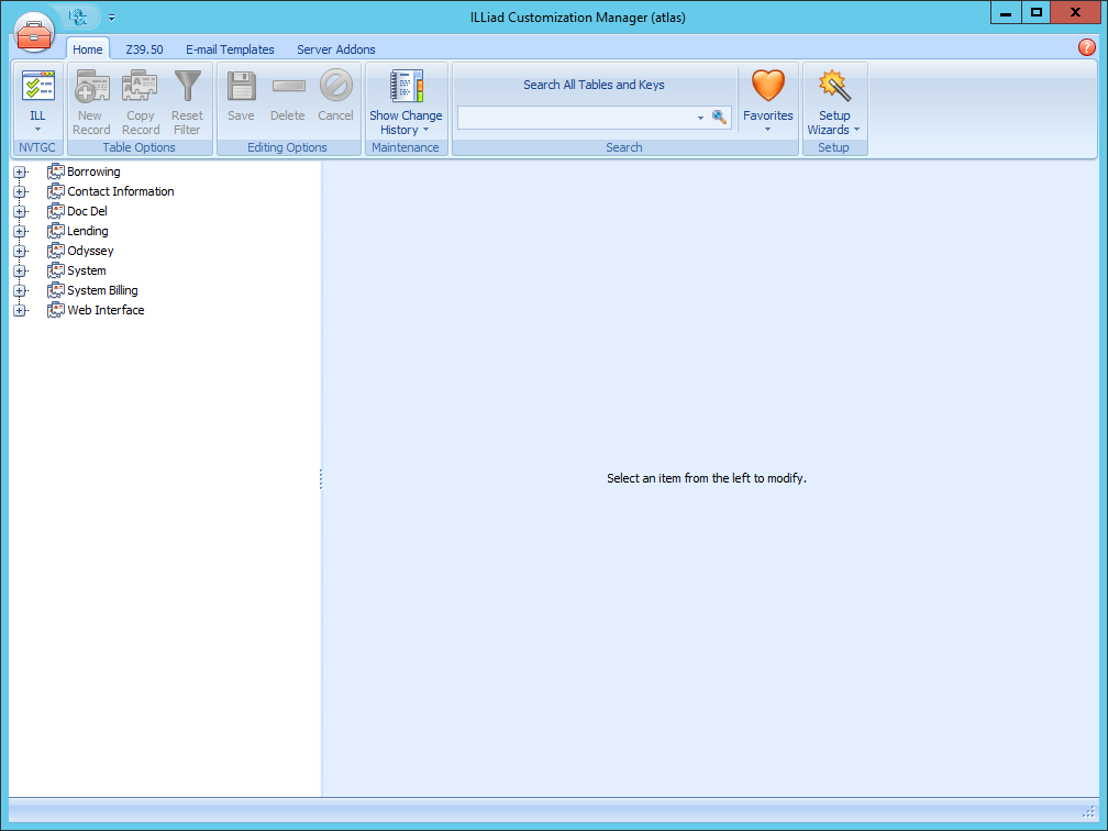 Customization Manager - main window with tree menu