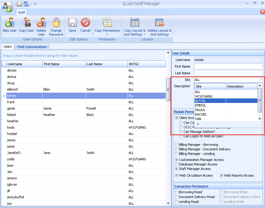 Staff Manager - Site dropdown with NVTGC site options highlighted