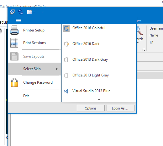 Client main menu - Select Skin submenu with theme options