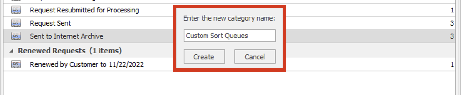 New category dialog - Custom Sort Queues name entered