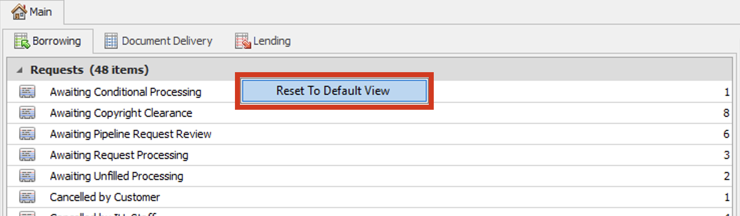Queue list - Reset To Default View menu option