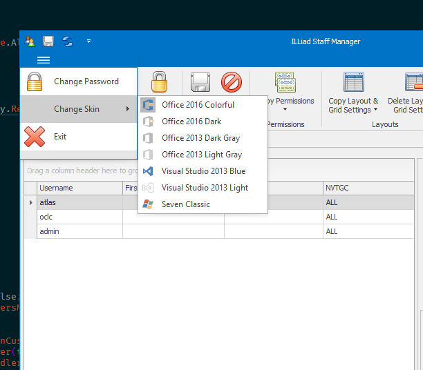 Staff Manager - Change Skin submenu with theme options