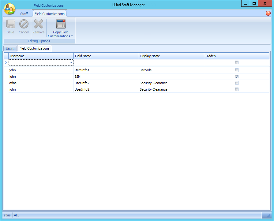 Staff Manager - Field Customizations tab with customization entries