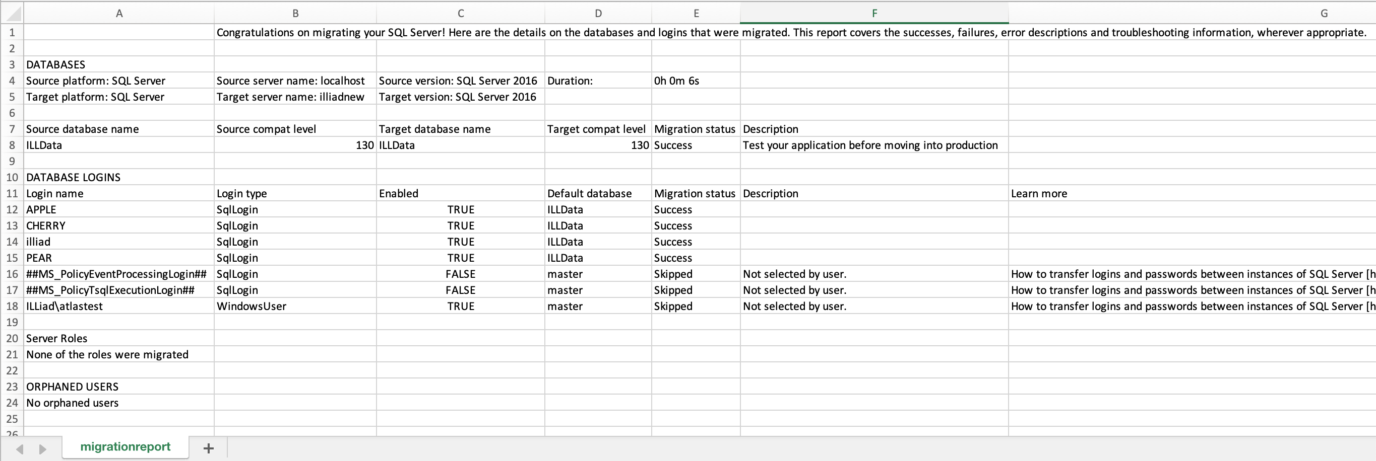 Data Migration Assistant - Exported report