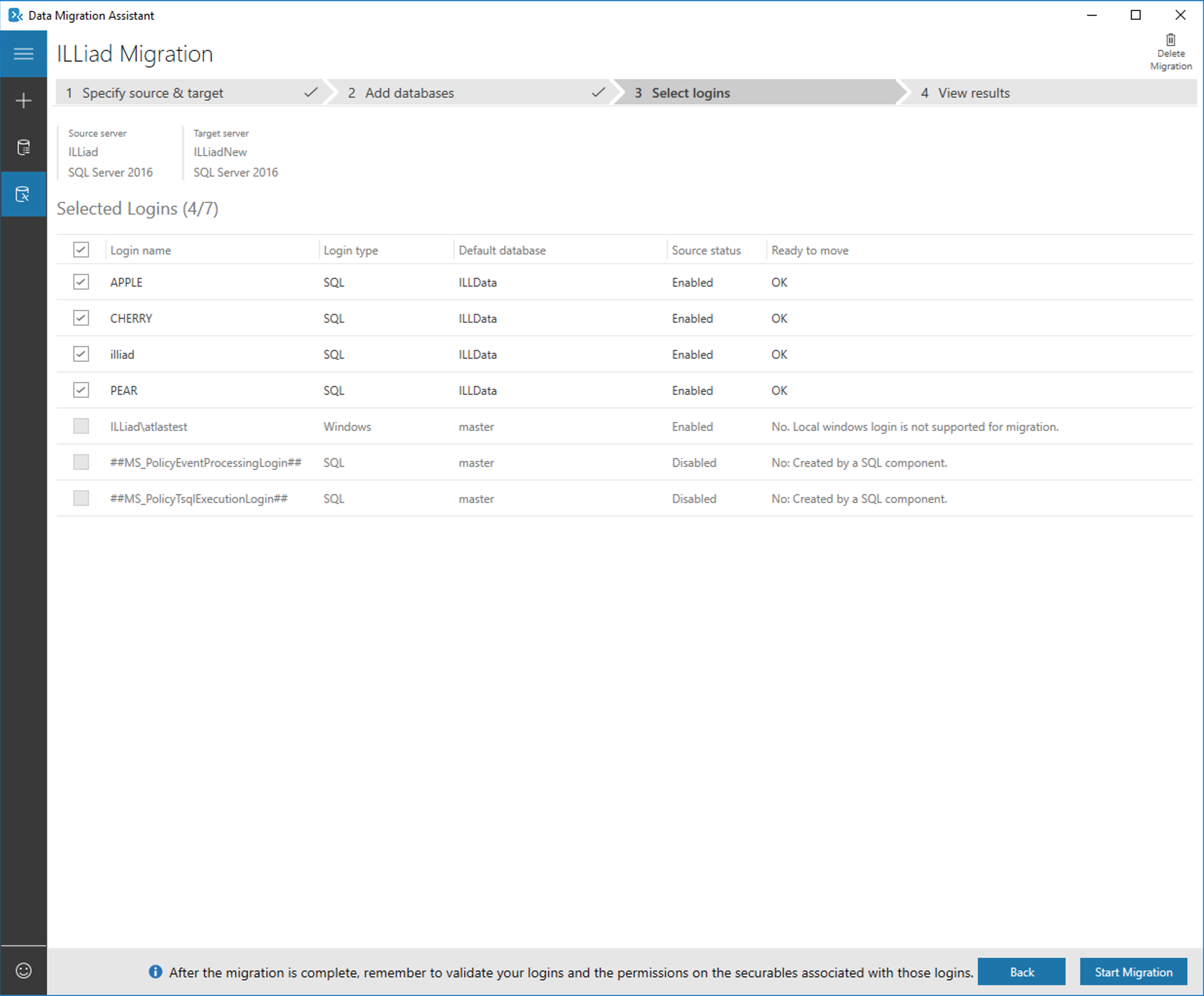 Data Migration Assistant - Select logins