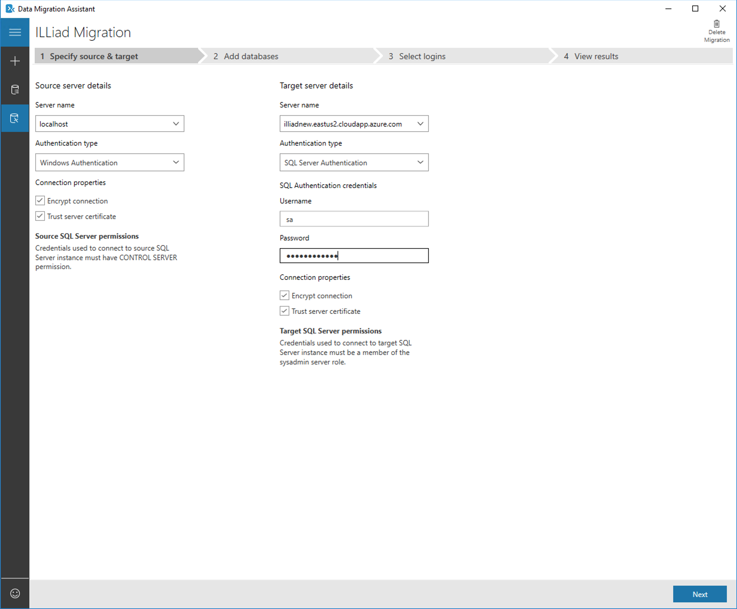 Data Migration Assistant - Source and Target servers
