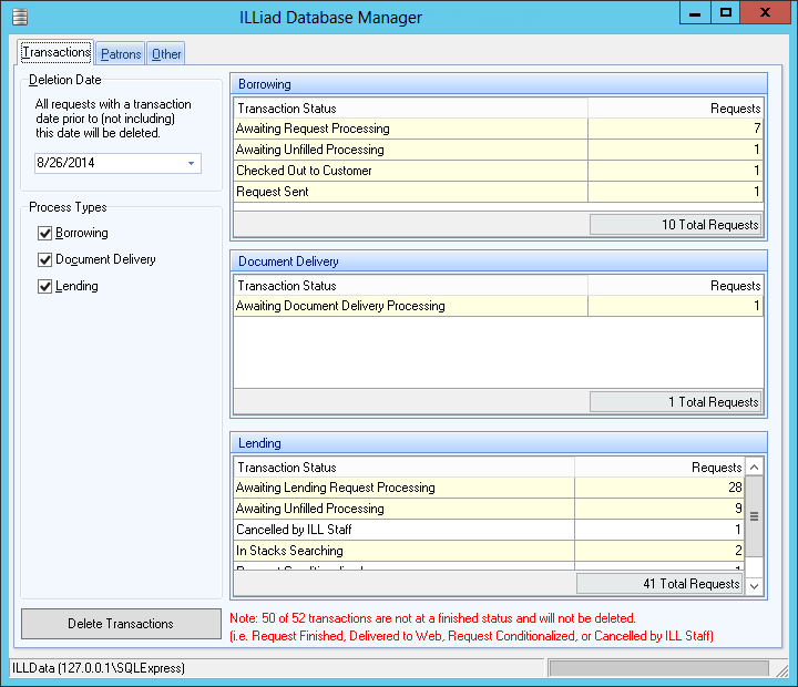 ILLiad Database Manager main window