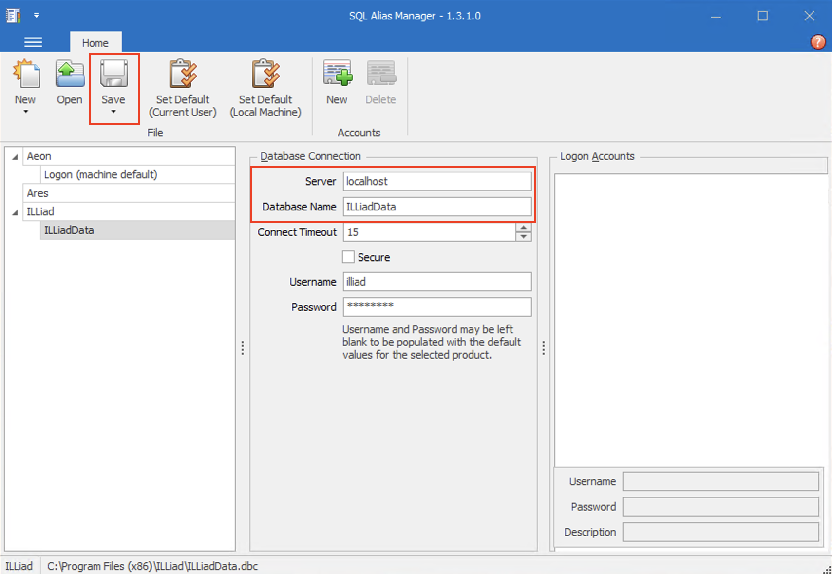 SQL Alias Manager - Database Connection fields highlighted