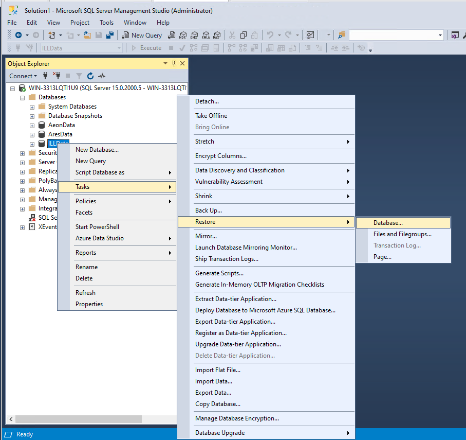 SSMS Tasks Restore Database