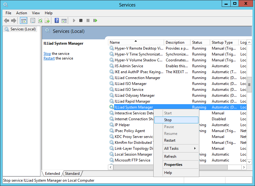 Windows Services console with ILLiad services