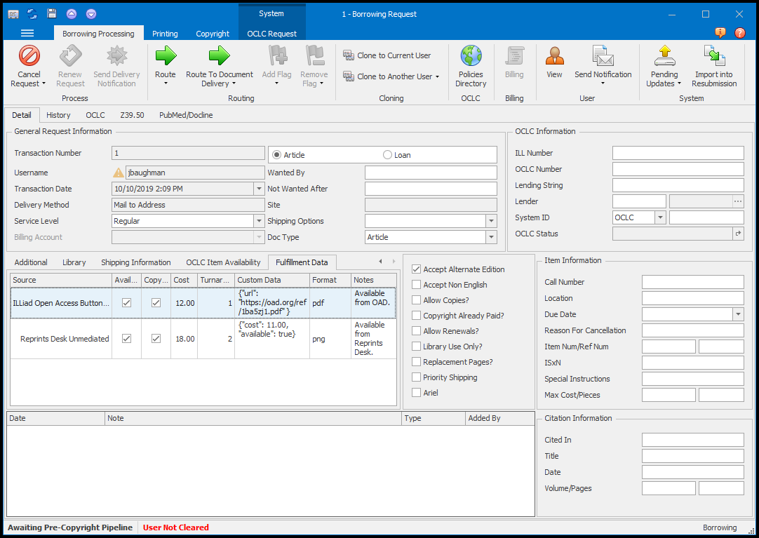 ILLiad Client - Request Fulfillment Data