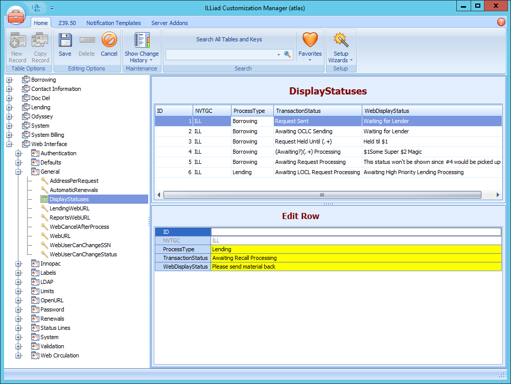 Customization Manager - Display Statuses table