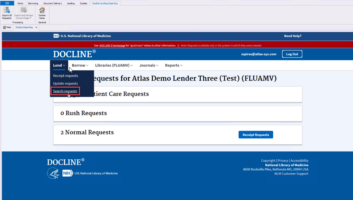 DOCLINE - Lend menu with Search Requests