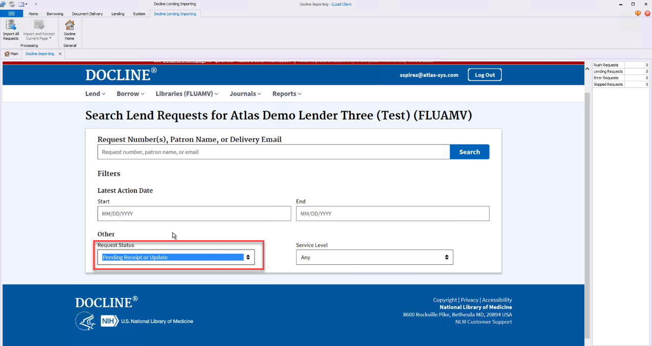 DOCLINE - Request Status dropdown