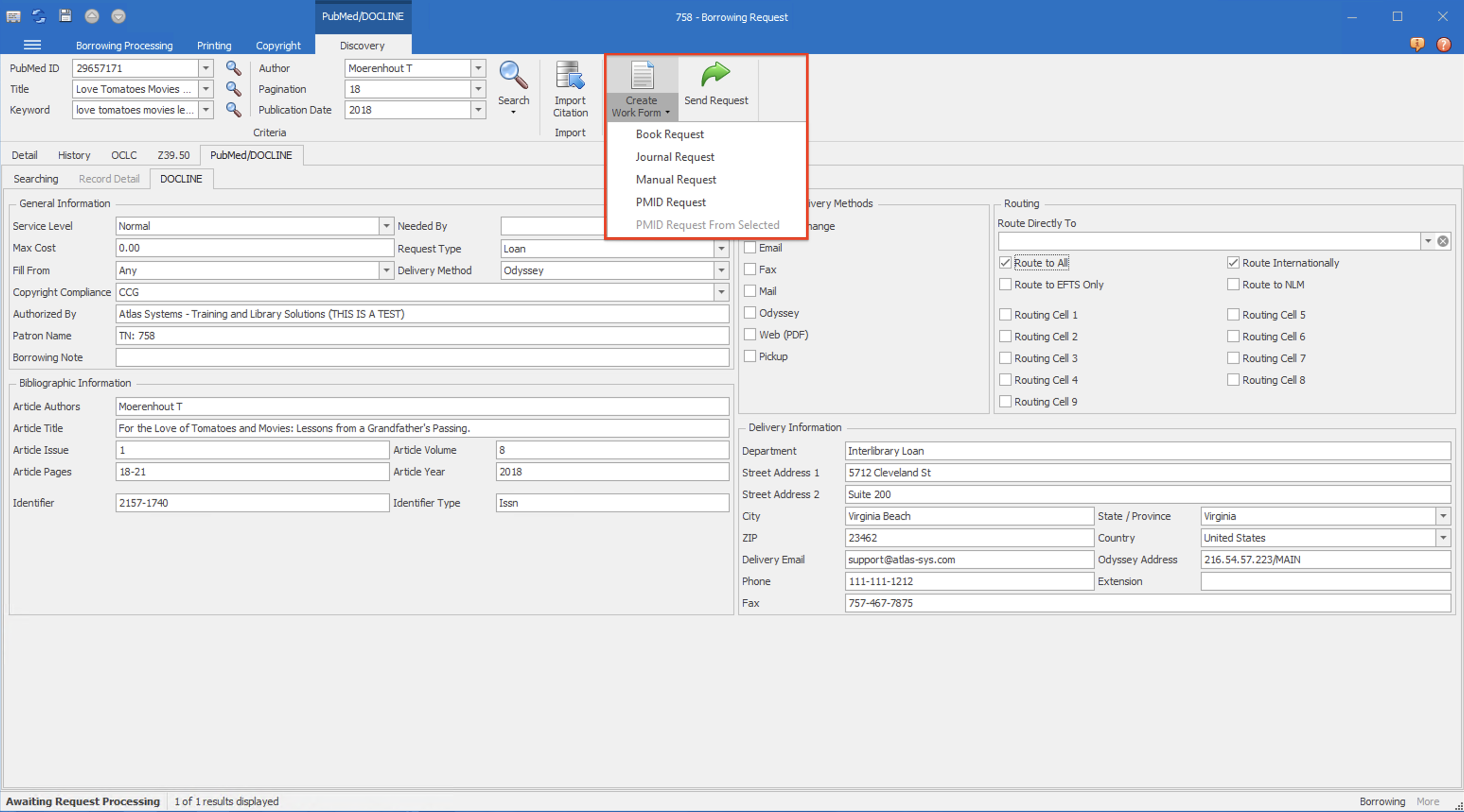 Ribbon showing different DOCLINE request type buttons (PMID, Manual, Journal, Book)