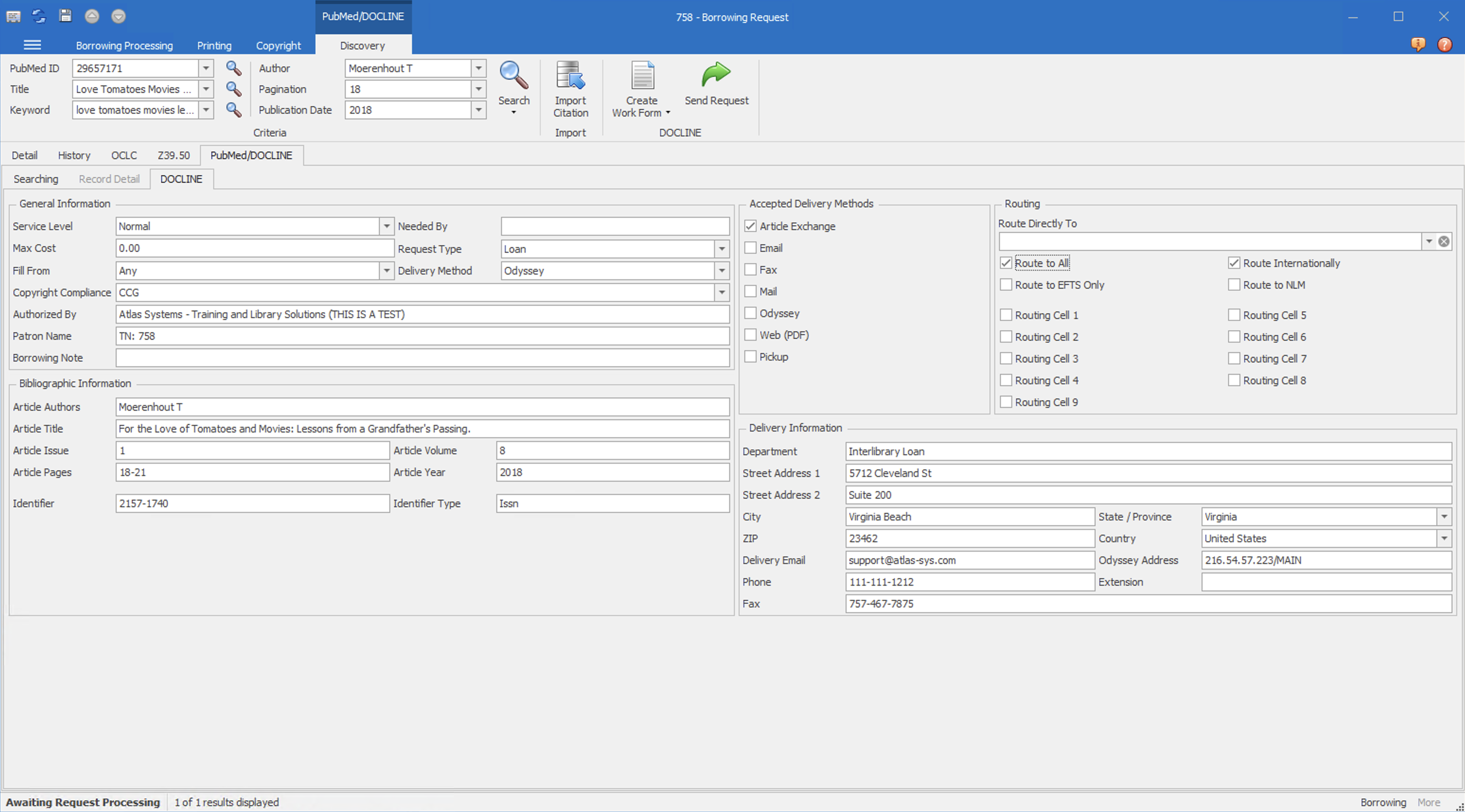 ILLiad client with DOCLINE PMID request workform open