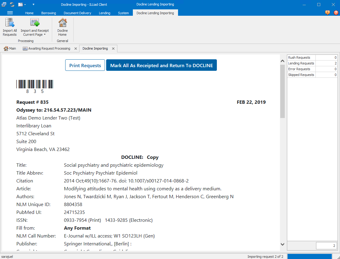 ILLiad Client - Import completed status