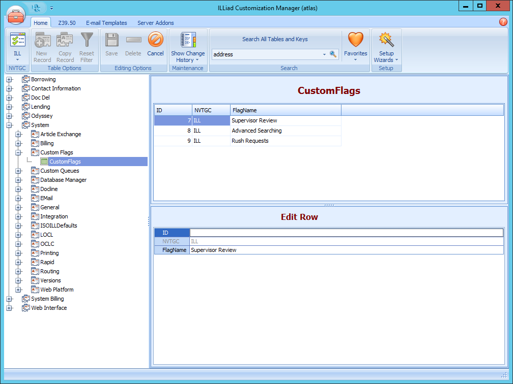 Custom Flags table customization manager