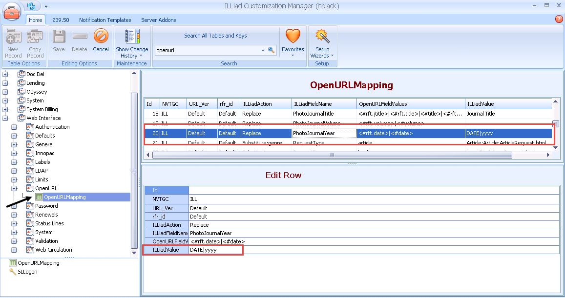 OpenURLMapping table showing DATE|yyyy formatting for PhotoJournalYear field