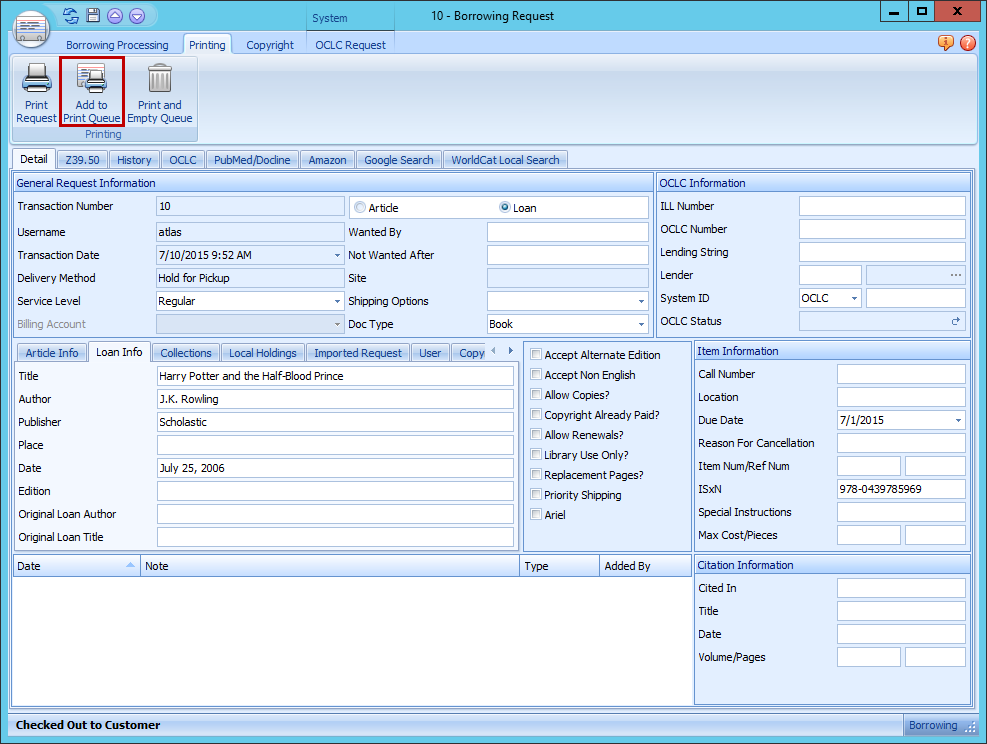 Add to Print Queue Button