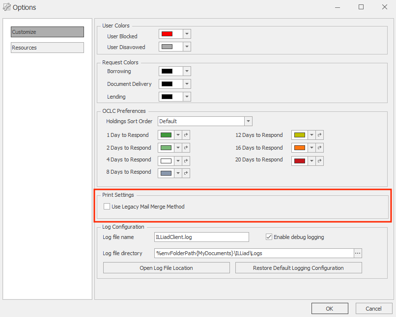 ILLiad Print Settings Options