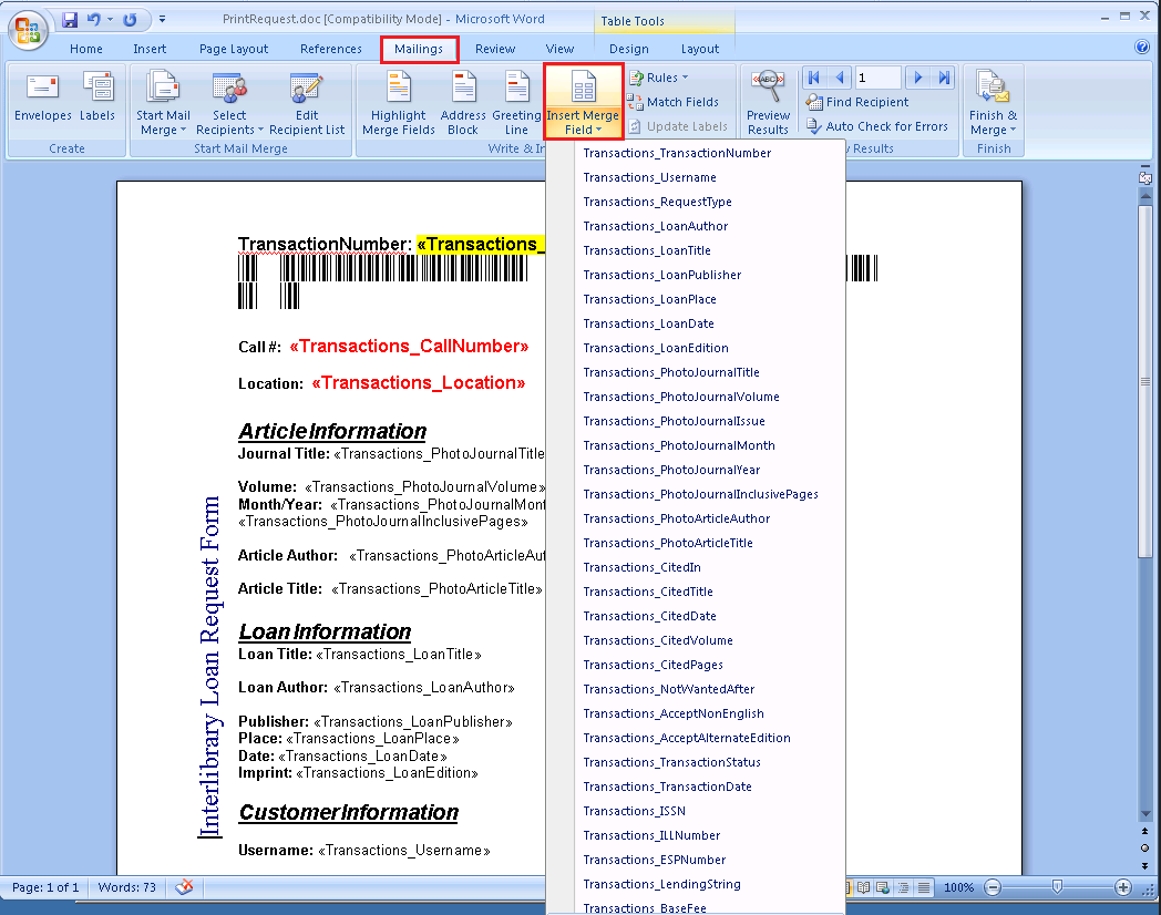 Insert Merge Field Dropdown