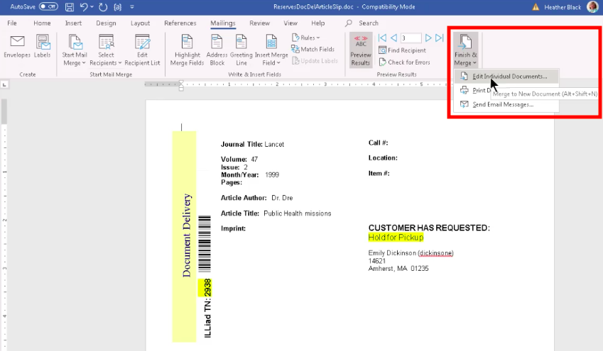 Merge Print Templates Menu