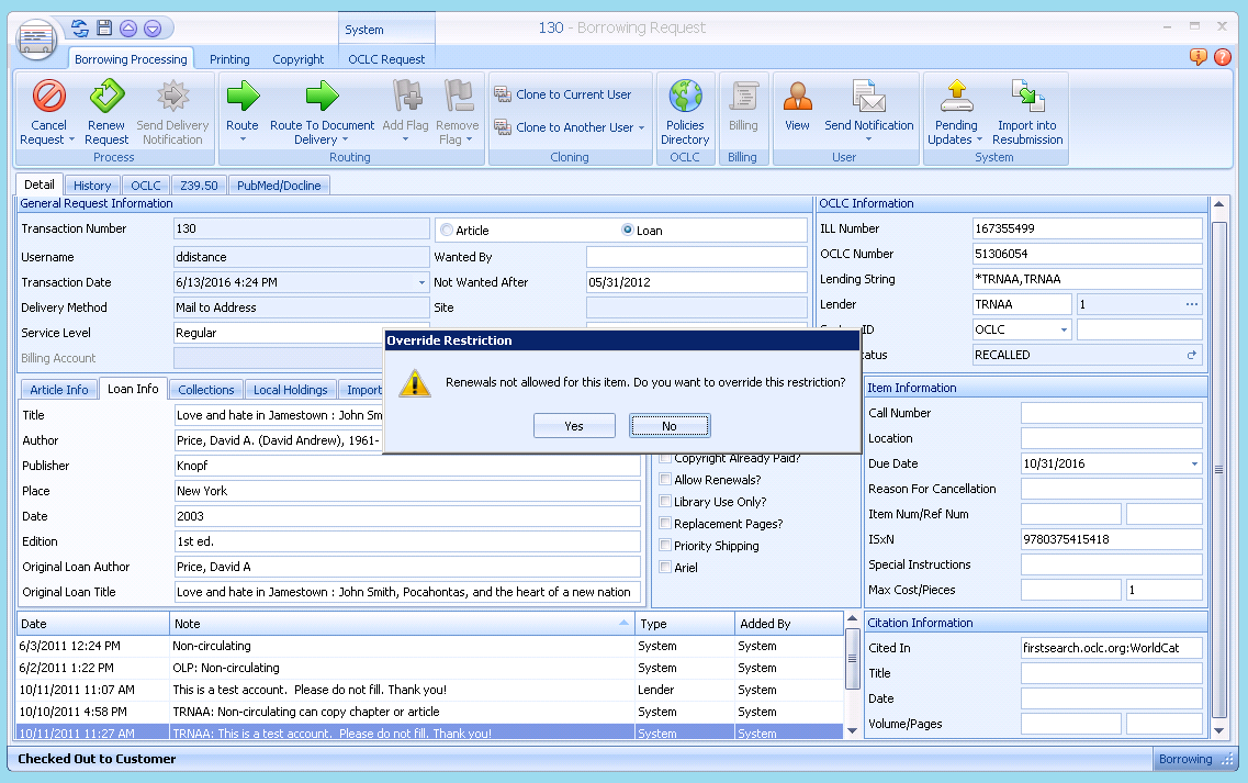 Renewal Override Warning