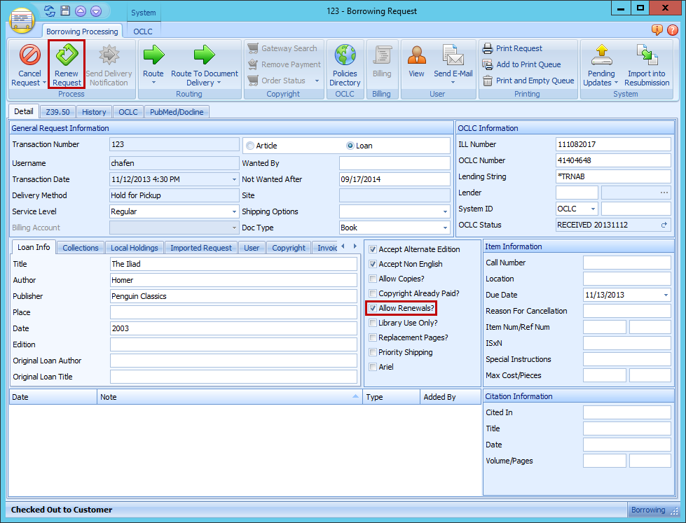 Send OCLC Renewal Requests Button