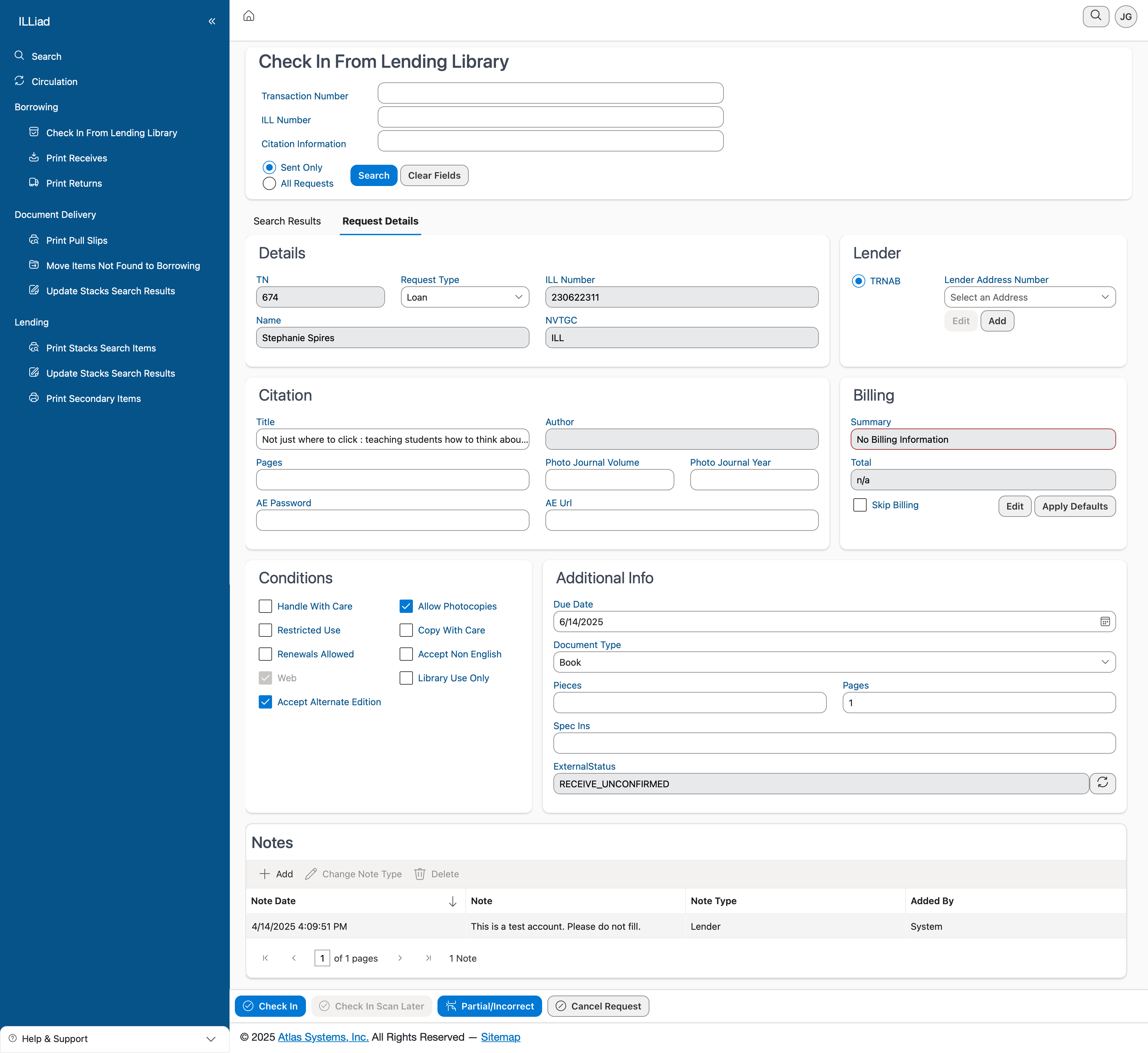 Check-In From Lending Library Interface