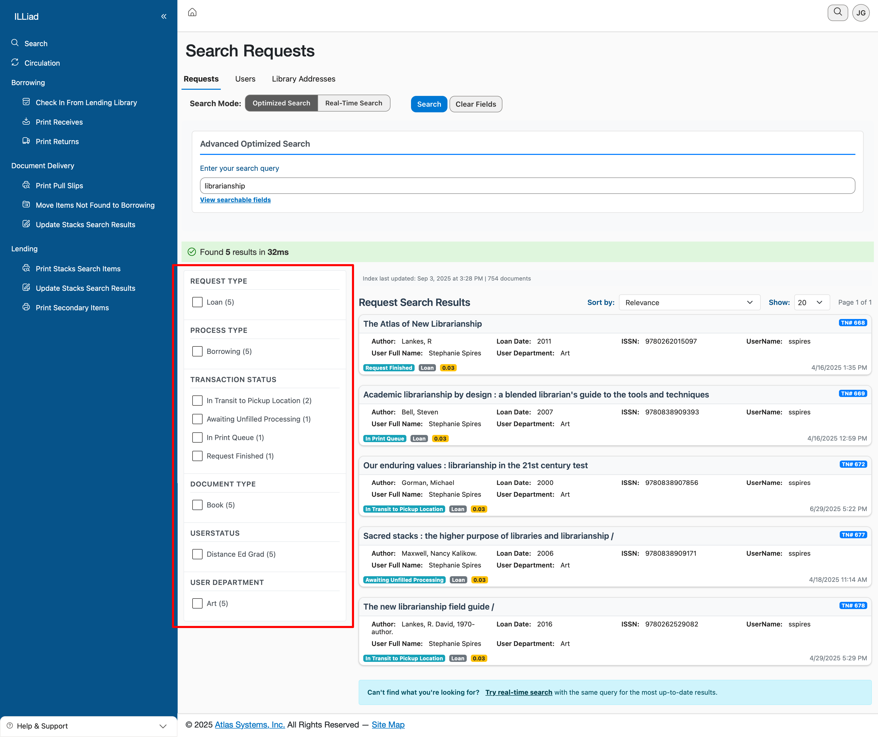 Transaction search results filter panel