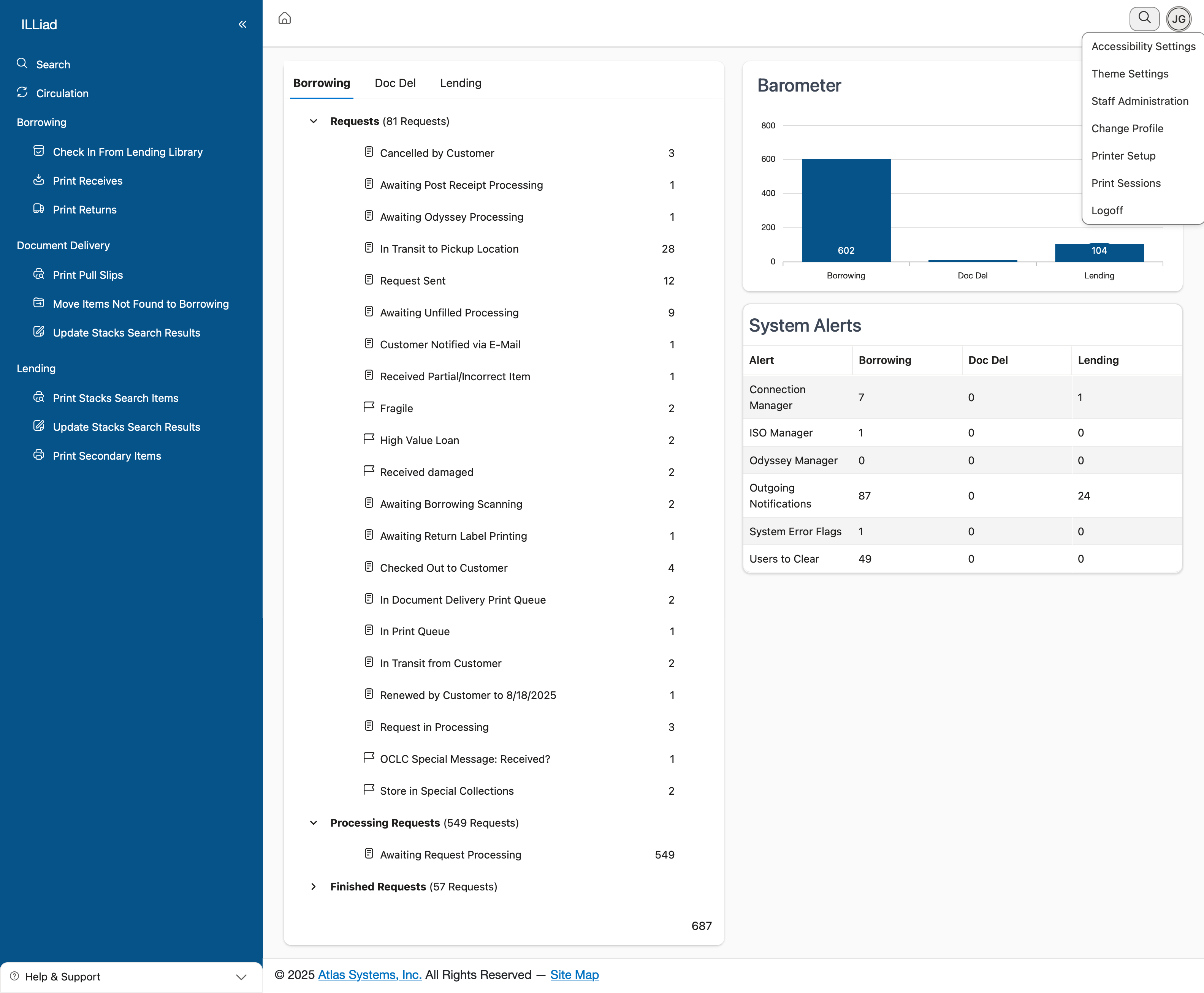 Staff user menu showing user information and available options