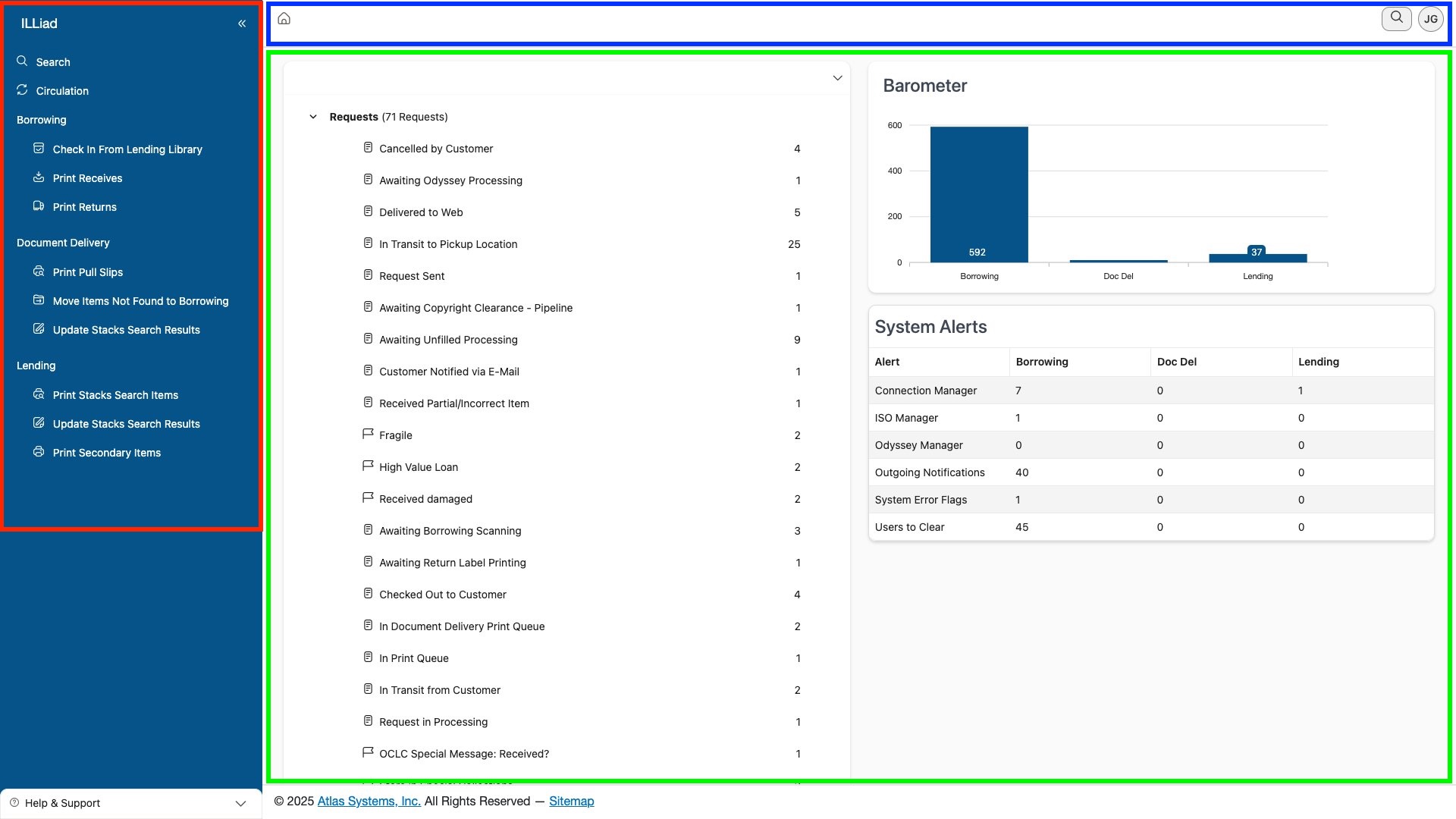 Main dashboard showing the three-panel layout with navigation sidebar, content area displaying queue categories and barometer, and top toolbar