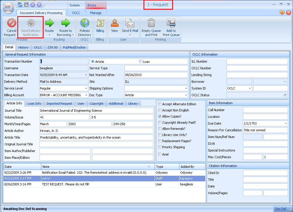 Odyssey Send Delivery Notification