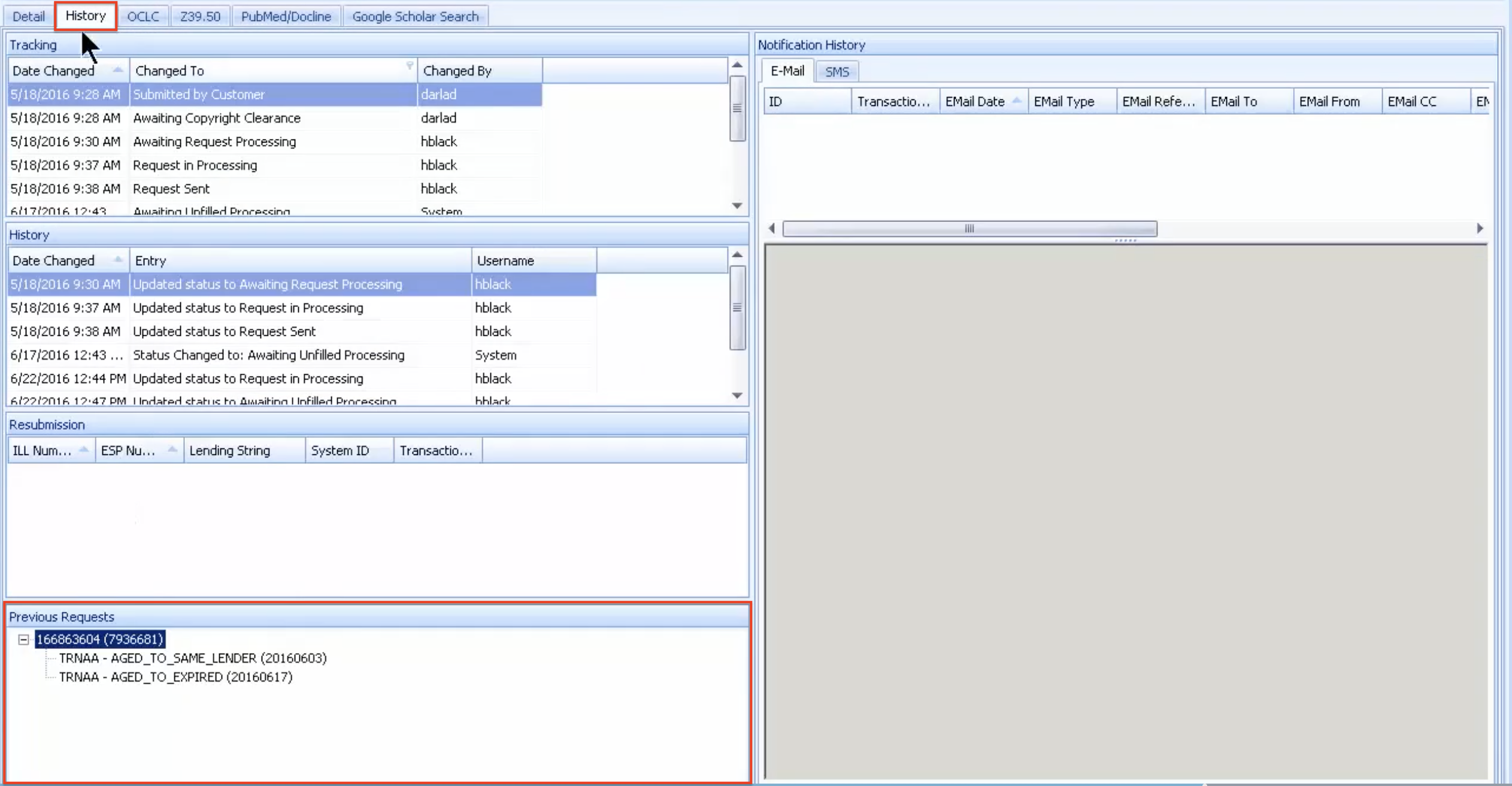 Previous Request Grid