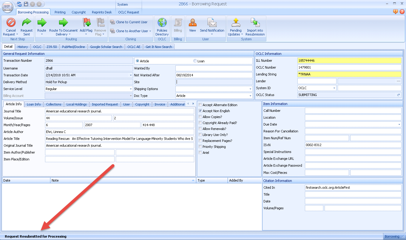 Request Resubmitted Status