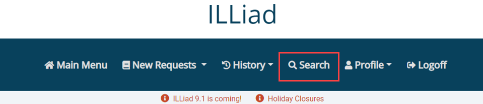 ILLiad web navigation bar with the Search menu item highlighted