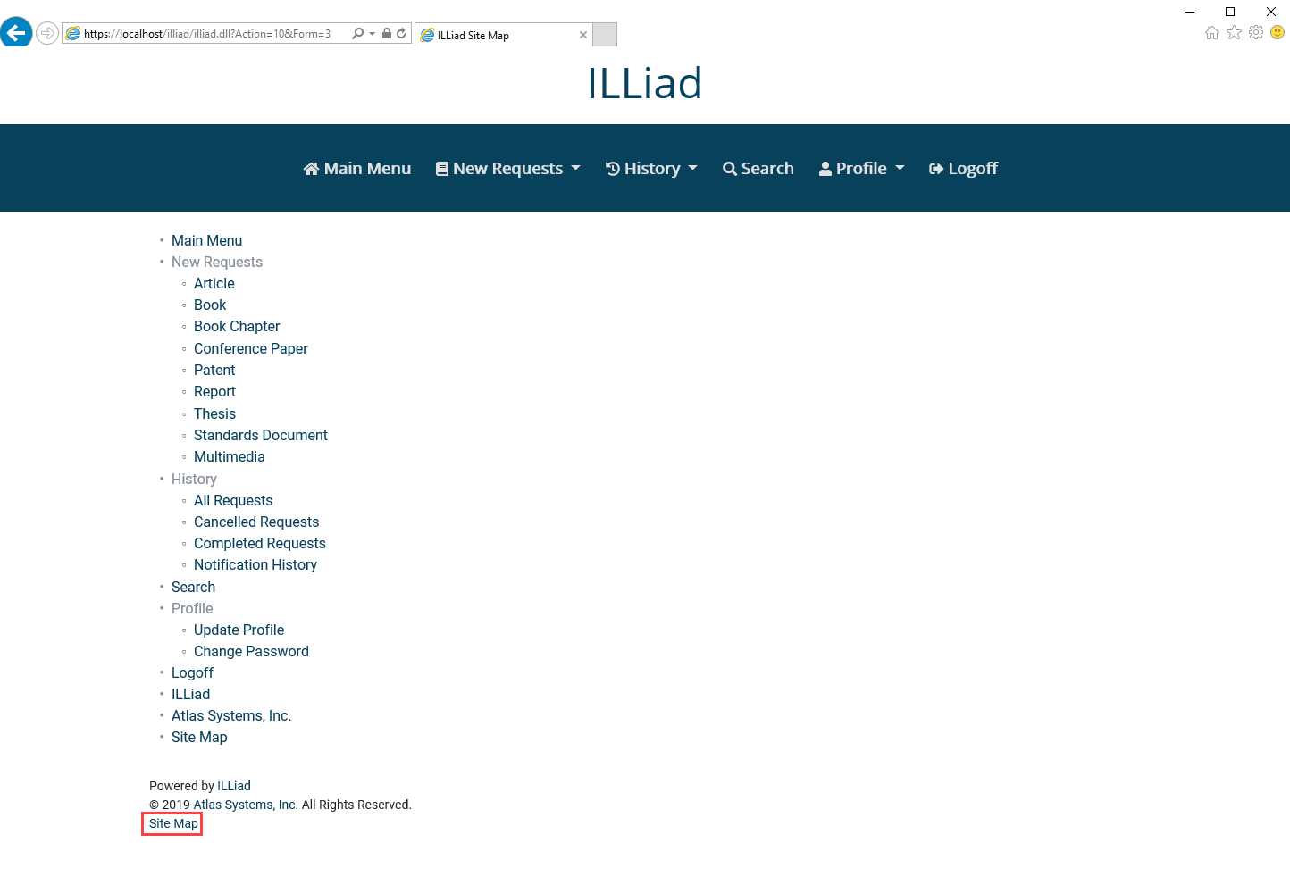 ILLiad web Site Map page listing every navigation item