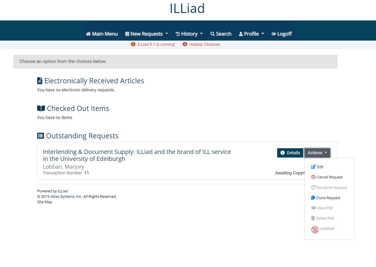 ILLiad web main menu with a request's Actions menu open and unavailable actions grayed out