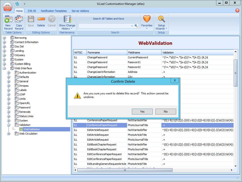 Web Validation Delete