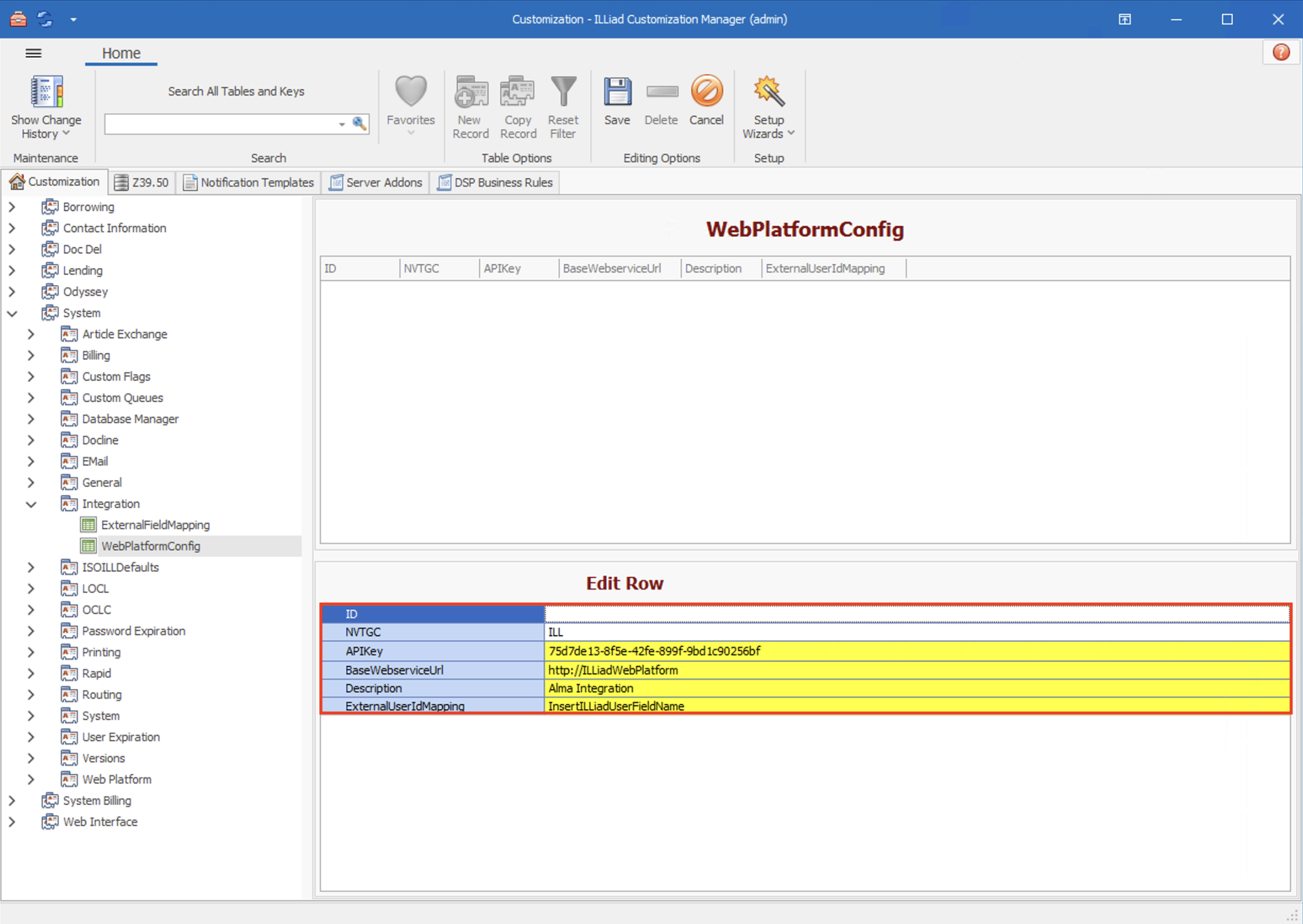 WebPlatformConfig Table